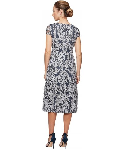 Women's Tea Length Dress with Rosette Detail Navy/Silver $46.85 Dresses