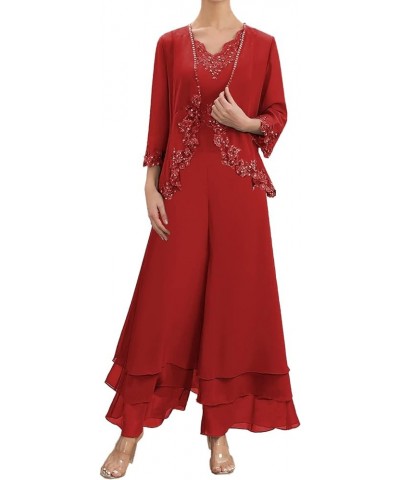 Mother of The Bride Pants Suits for Wedding Party Dresses Lace Appliques Chiffon Mother of Bride Dresses with Jacket Red $43....