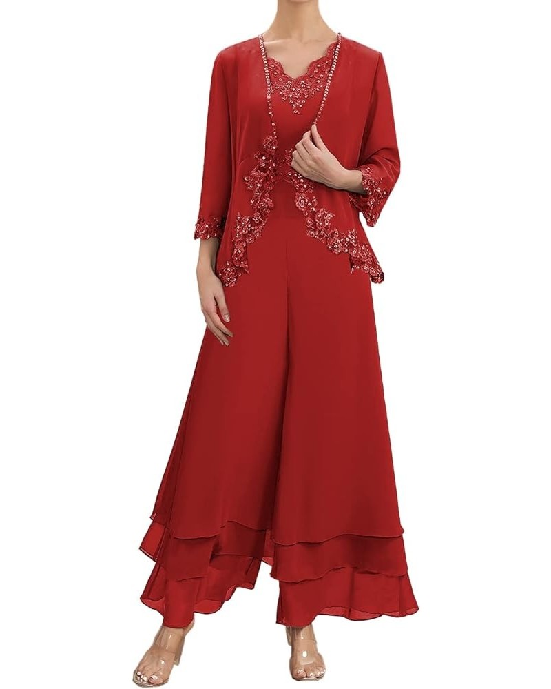 Mother of The Bride Pants Suits for Wedding Party Dresses Lace Appliques Chiffon Mother of Bride Dresses with Jacket Red $43....