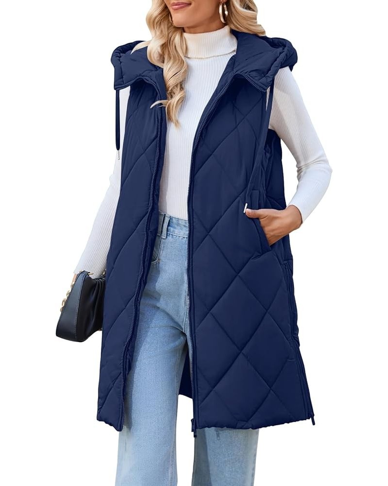 Womens Sleeveless Quilted Long Puffer Vest Hooded Full Zip Jacket Coats with Pockets Navy $36.39 Vests