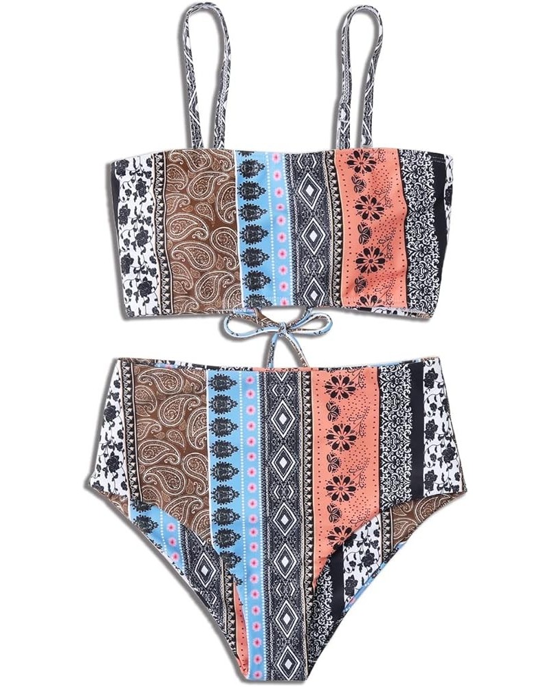 Women Boho Bikini High Waisted Swimsuits Spaghetti Straps Swimwear Tie Closure Bathing Suits Two Pieces Beachwear Blue02 $19....