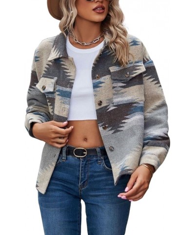 Women's Aztec Print Jacket Retro Lapel Button Pocketed Tribal Shirt Jackets Shacket 03 Grey $12.74 Jackets