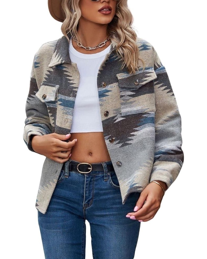 Women's Aztec Print Jacket Retro Lapel Button Pocketed Tribal Shirt Jackets Shacket 03 Grey $12.74 Jackets