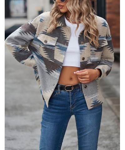 Women's Aztec Print Jacket Retro Lapel Button Pocketed Tribal Shirt Jackets Shacket 03 Grey $12.74 Jackets