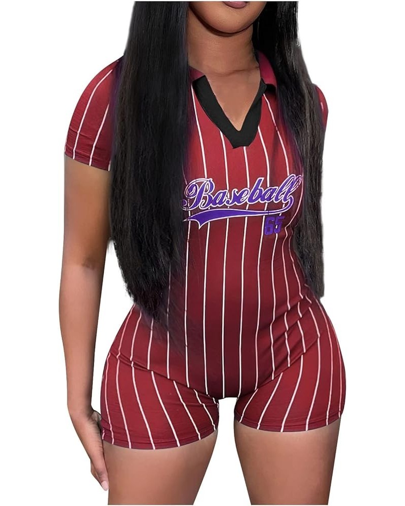 Baseball Rompers for Women Summer Slim Fit V-Neck Short Sleeve Shorts Jumpsuits Floral Printed Gym Athletic Overalls Wine $6....