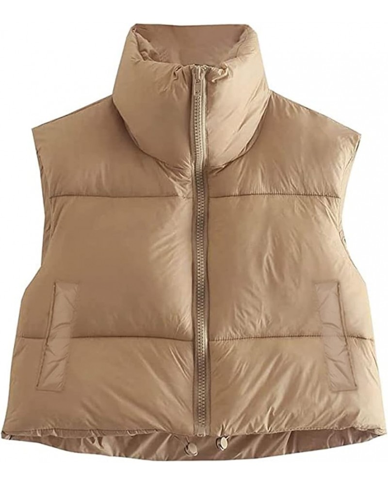 Women Stand Collar Cropped Puffer Vest Sleeveless Zipper Padded Gilet Lightweight Winter Warm Outerwear With Pocket Light Bro...