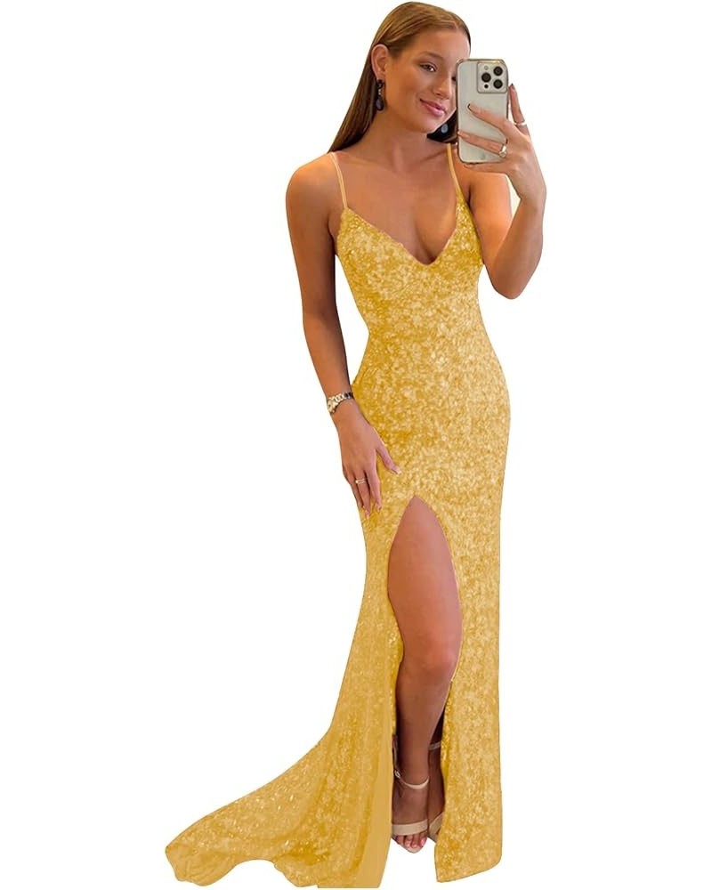 Women's Sequin Mermaid Prom Dresses with Slit Spaghetti Straps V Neck Long Formal Evening Gowns Gold $38.24 Dresses