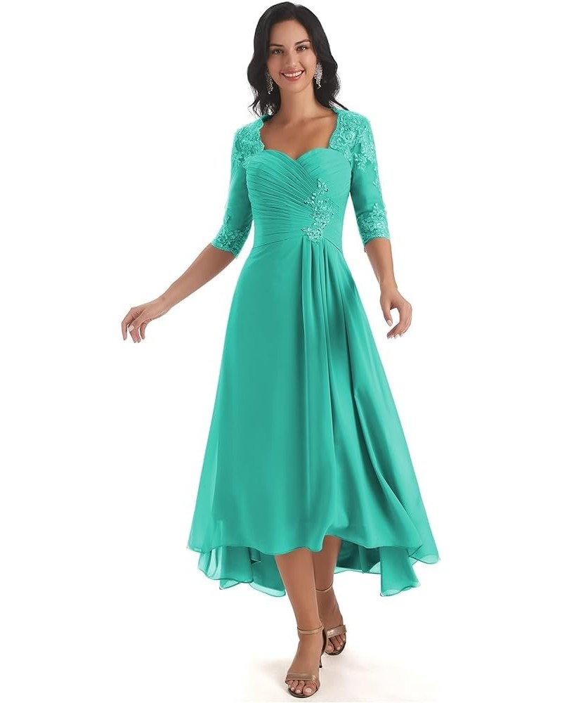 Women's A Line Chiffon Lace Mother of The Bride Dress Long Formal Evening Gown with Sleeves YG061 Turquoise $36.08 Dresses