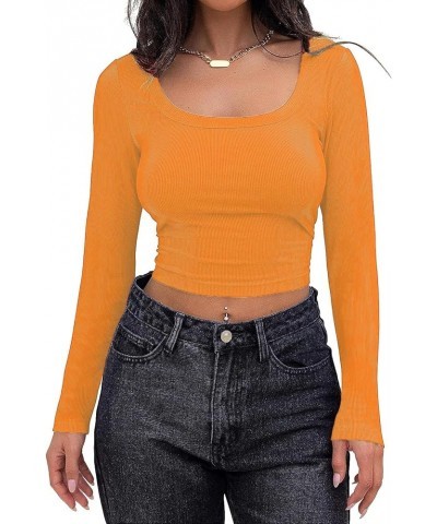 Y2k Skinny Long Sleeve Backless Crop Tops Square Neck Bodycon Shirts Cut Out Pullover Cami Streetwear You Ribbed-orange $6.00...