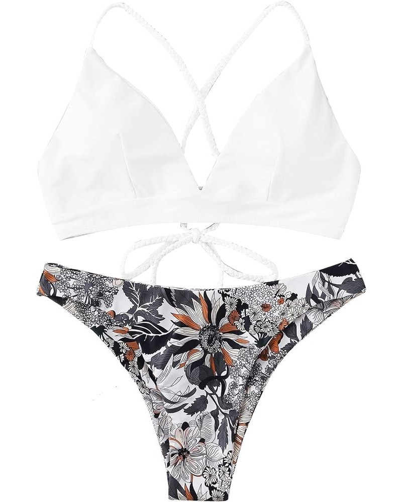 Women's Sexy Bathing Suit Floral Print Cross Back Bikini Set Swimsuits White $22.19 Swimsuits