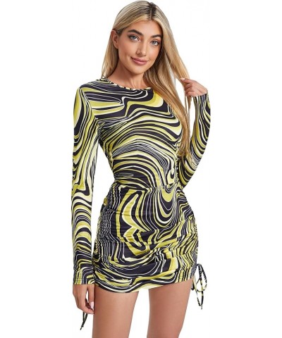 Women's Printed Drawstring Side Round Neck Marble Long Sleeve Bodycon Mini Dress Yellow $16.81 Dresses