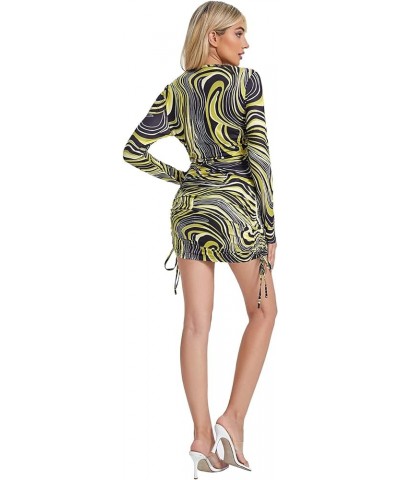 Women's Printed Drawstring Side Round Neck Marble Long Sleeve Bodycon Mini Dress Yellow $16.81 Dresses