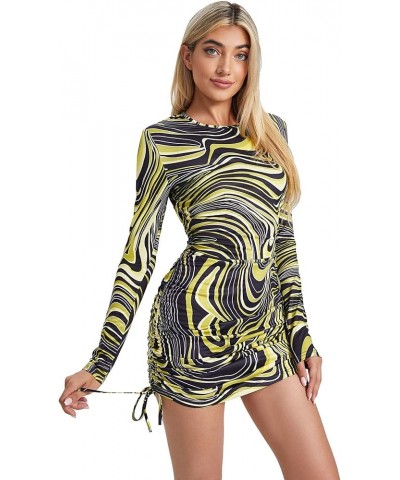 Women's Printed Drawstring Side Round Neck Marble Long Sleeve Bodycon Mini Dress Yellow $16.81 Dresses