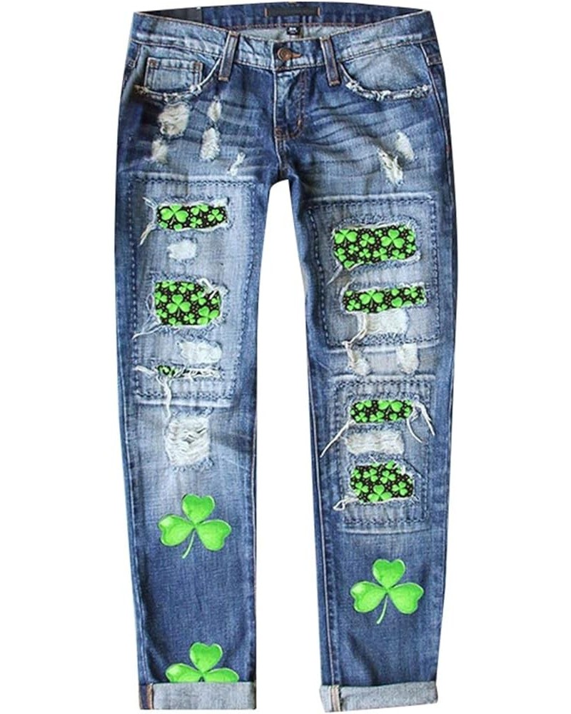 Womens Ripped Boyfriend Distressed Stretch Skinny Denim Jeans with Hole St. Patrick's Day Green Clover Shamrock Print Jean Bl...