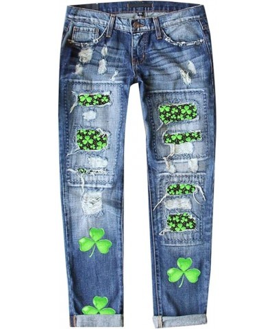 Womens Ripped Boyfriend Distressed Stretch Skinny Denim Jeans with Hole St. Patrick's Day Green Clover Shamrock Print Jean Bl...