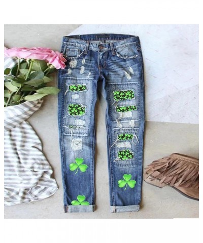 Womens Ripped Boyfriend Distressed Stretch Skinny Denim Jeans with Hole St. Patrick's Day Green Clover Shamrock Print Jean Bl...