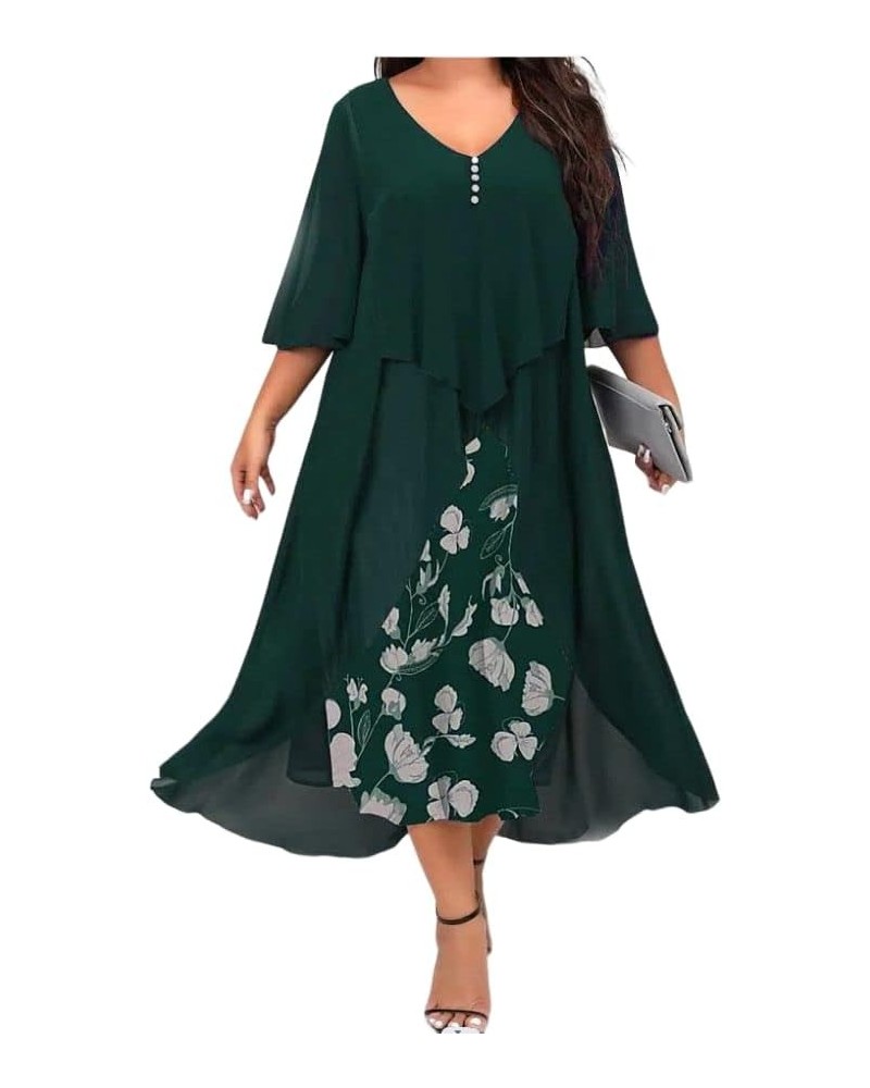 Womens Floral Print Plus Size 3/4 Sleeve Midi Dress Chiffon Patchwork Asymmetric Layered Casual Wedding Guest Dress Green $16...