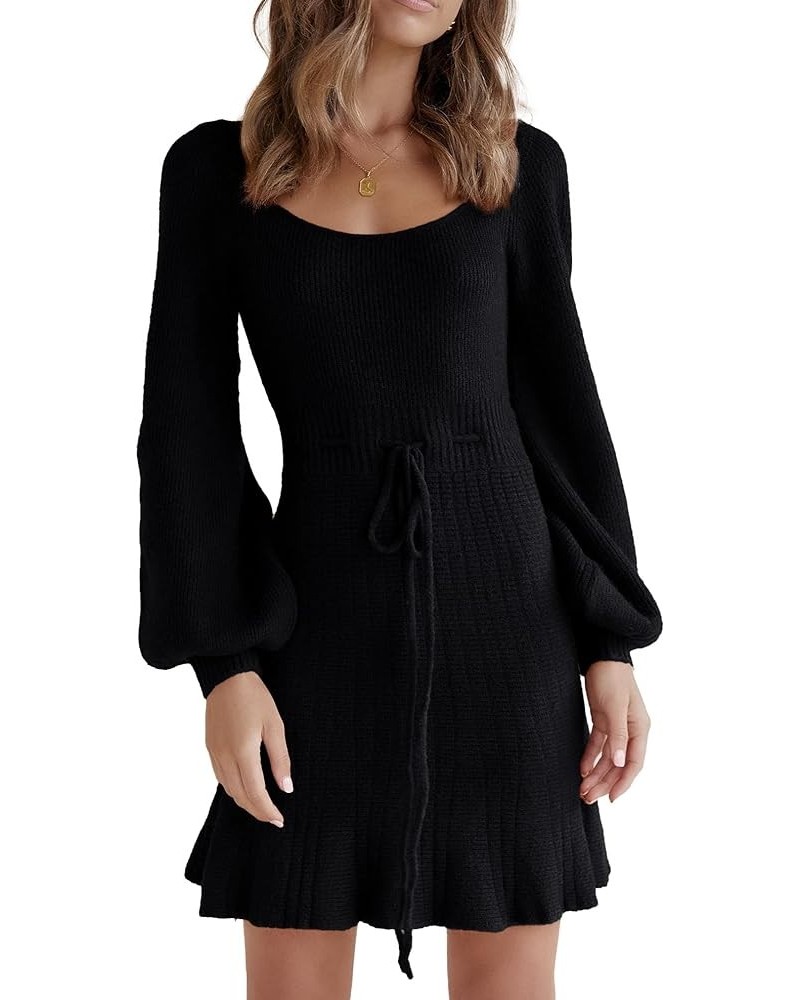 Women's Fashion Lantern Long Sleeve Cutout Mini Sweater Dress Crewneck Slim Fit Solid A-line Fall Knit Short Dress Black $10....