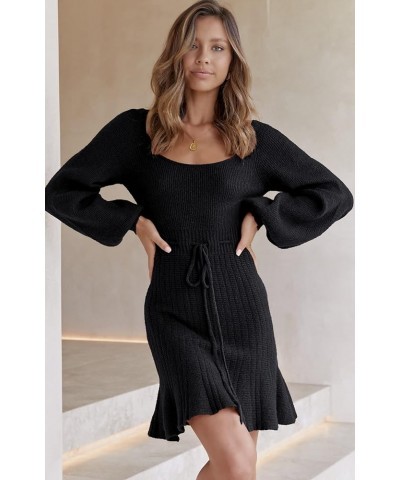 Women's Fashion Lantern Long Sleeve Cutout Mini Sweater Dress Crewneck Slim Fit Solid A-line Fall Knit Short Dress Black $10....