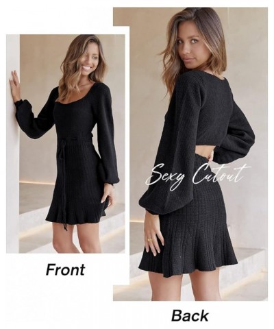 Women's Fashion Lantern Long Sleeve Cutout Mini Sweater Dress Crewneck Slim Fit Solid A-line Fall Knit Short Dress Black $10....