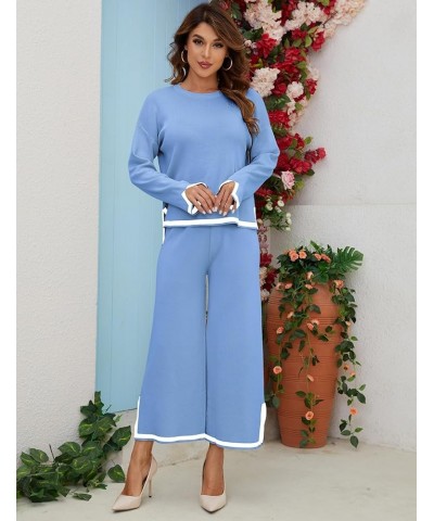 Women Knit Sweater Sets 2 Piece Outfits Fall Lounge Sets Long Sleeve Pullover Tops Wide Leg Pants Blue $11.99 Activewear