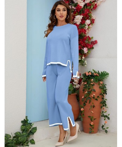 Women Knit Sweater Sets 2 Piece Outfits Fall Lounge Sets Long Sleeve Pullover Tops Wide Leg Pants Blue $11.99 Activewear