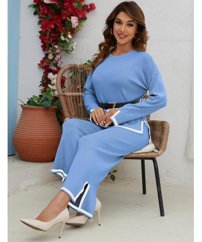 Women Knit Sweater Sets 2 Piece Outfits Fall Lounge Sets Long Sleeve Pullover Tops Wide Leg Pants Blue $11.99 Activewear