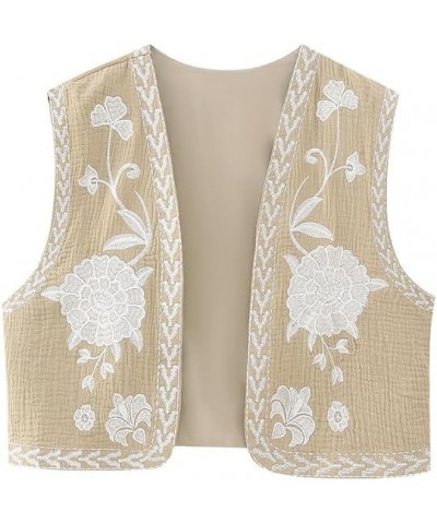 Women‘s Vintage Floral Embroidered Coat Ladies National Style Vest Jacket Outfits Casual Vacation Crop Top Vest Lightkhaki Xs...