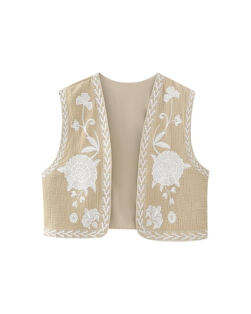 Women‘s Vintage Floral Embroidered Coat Ladies National Style Vest Jacket Outfits Casual Vacation Crop Top Vest Lightkhaki Xs...