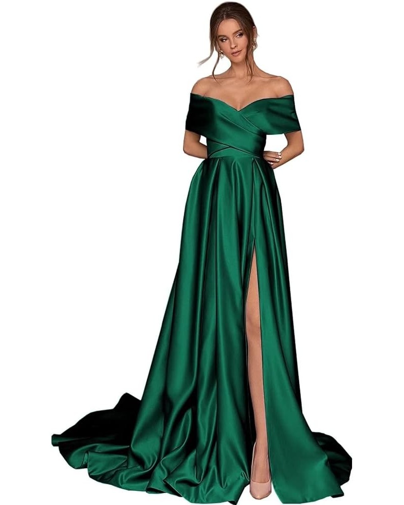 Women's Off The Shoulder Prom Dresses Satin Long Formal Evening Gowns Ruched with Pockets Emerald Green $39.10 Dresses