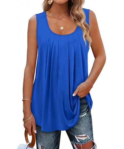 Summer Women Flowy Tunic Shirts Casual Pleated Sleeveless Scoop Neck Loose Tank Tops Blouses Royal Blue $10.59 Tanks