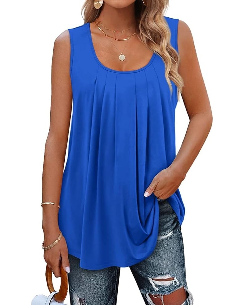 Summer Women Flowy Tunic Shirts Casual Pleated Sleeveless Scoop Neck Loose Tank Tops Blouses Royal Blue $10.59 Tanks