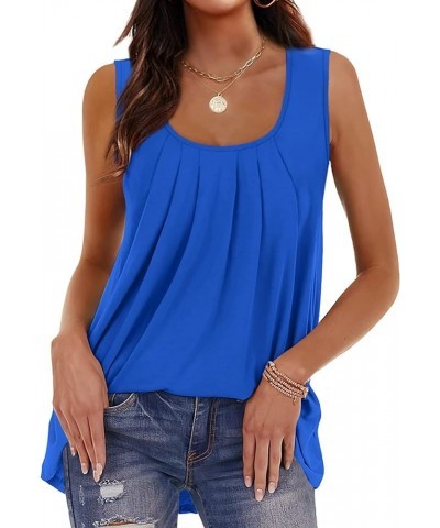 Summer Women Flowy Tunic Shirts Casual Pleated Sleeveless Scoop Neck Loose Tank Tops Blouses Royal Blue $10.59 Tanks