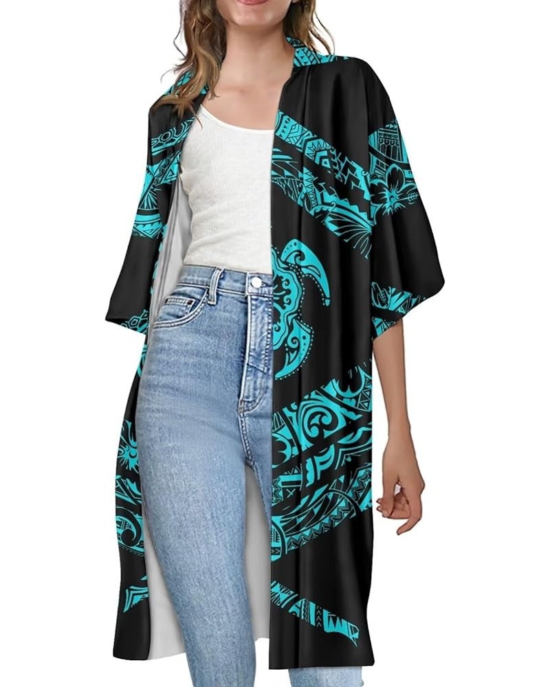 Women Half Sleeve Long Cardigan, Plus Size Summer Kimono Cloak Loose Casual Resort Wear Blouse Cyan Polynesia Sea Turtle $15....