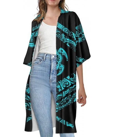 Women Half Sleeve Long Cardigan, Plus Size Summer Kimono Cloak Loose Casual Resort Wear Blouse Cyan Polynesia Sea Turtle $15....