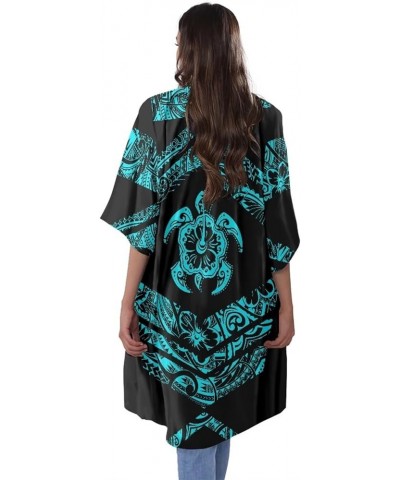 Women Half Sleeve Long Cardigan, Plus Size Summer Kimono Cloak Loose Casual Resort Wear Blouse Cyan Polynesia Sea Turtle $15....