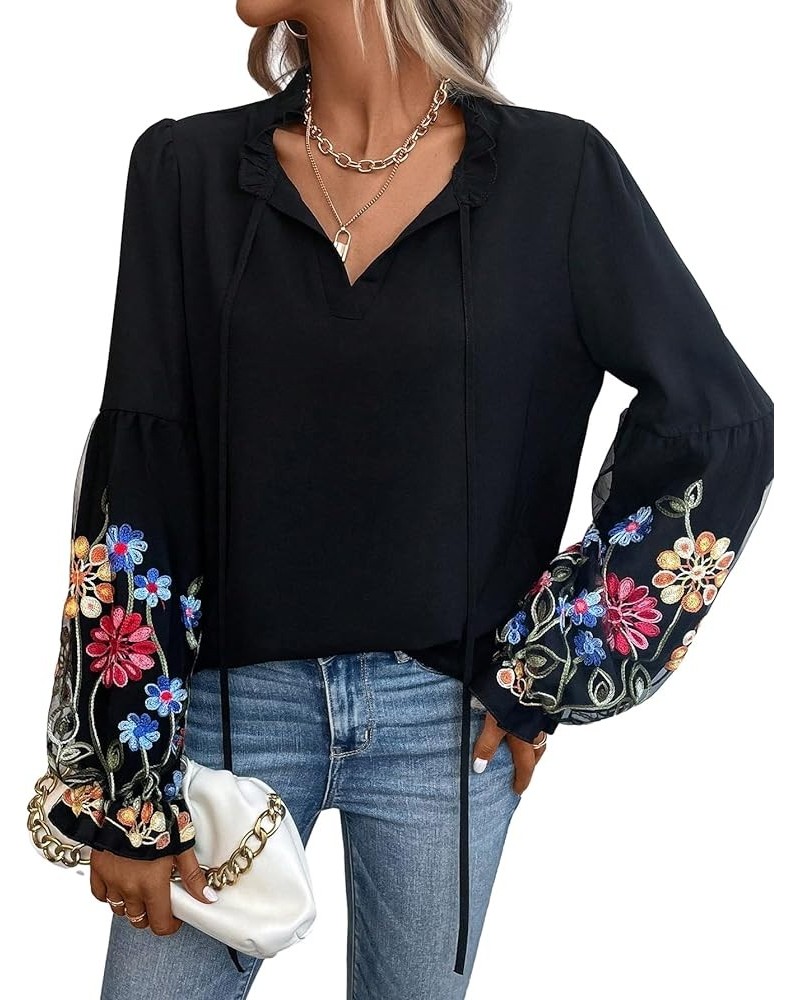 Women's Tie Neck Floral Embroidered Long Lantern Sleeve Elegant Blouse Top Shirt Black $14.85 Blouses