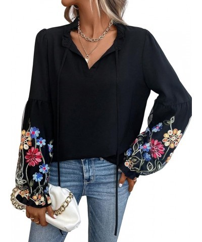 Women's Tie Neck Floral Embroidered Long Lantern Sleeve Elegant Blouse Top Shirt Black $14.85 Blouses