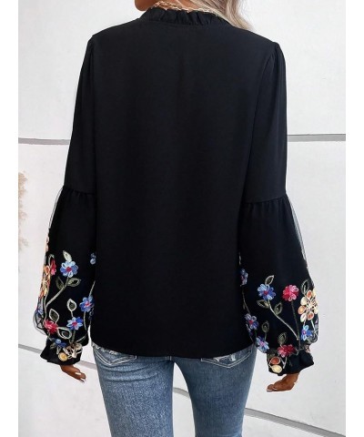 Women's Tie Neck Floral Embroidered Long Lantern Sleeve Elegant Blouse Top Shirt Black $14.85 Blouses