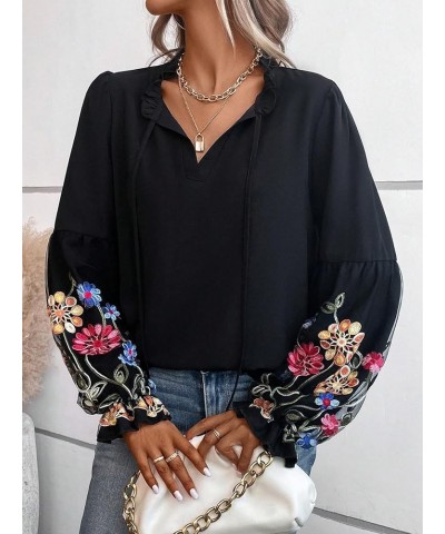 Women's Tie Neck Floral Embroidered Long Lantern Sleeve Elegant Blouse Top Shirt Black $14.85 Blouses