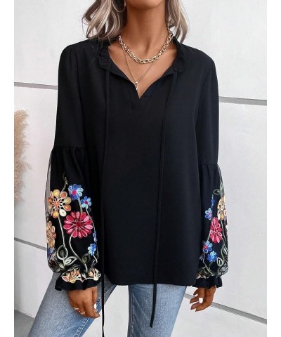 Women's Tie Neck Floral Embroidered Long Lantern Sleeve Elegant Blouse Top Shirt Black $14.85 Blouses