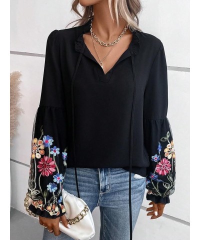 Women's Tie Neck Floral Embroidered Long Lantern Sleeve Elegant Blouse Top Shirt Black $14.85 Blouses