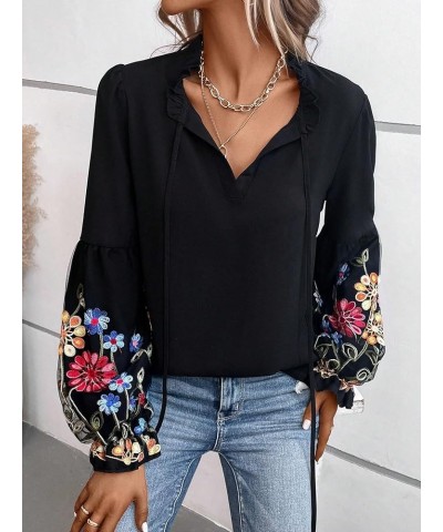 Women's Tie Neck Floral Embroidered Long Lantern Sleeve Elegant Blouse Top Shirt Black $14.85 Blouses