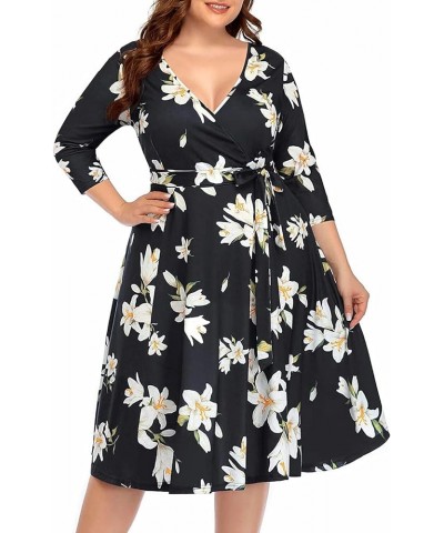 Women's Plus Size Faux Wrap V Neck 3/4 Sleeve Fit and Flare Wedding Guest Casual Party Midi Dress Floral Black $11.76 Dresses