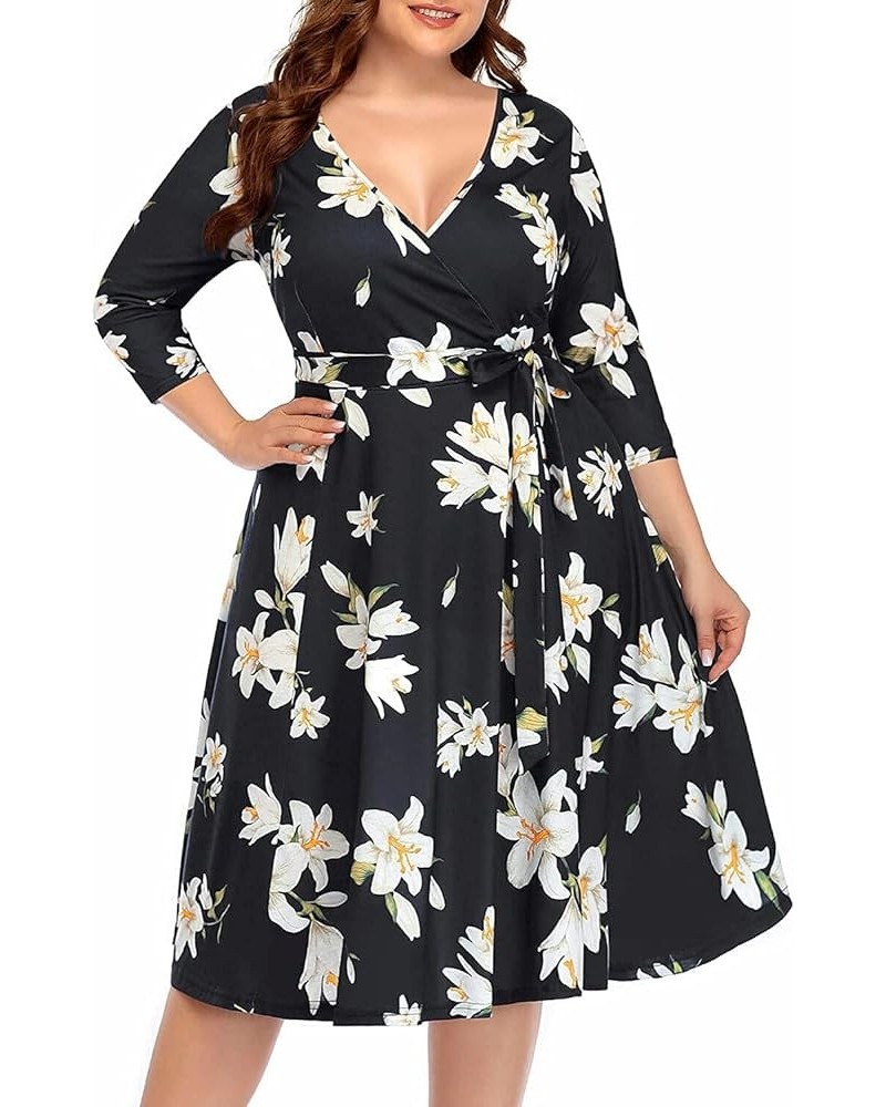 Women's Plus Size Faux Wrap V Neck 3/4 Sleeve Fit and Flare Wedding Guest Casual Party Midi Dress Floral Black $11.76 Dresses