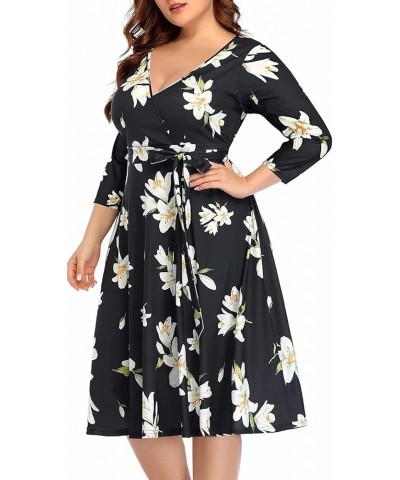 Women's Plus Size Faux Wrap V Neck 3/4 Sleeve Fit and Flare Wedding Guest Casual Party Midi Dress Floral Black $11.76 Dresses