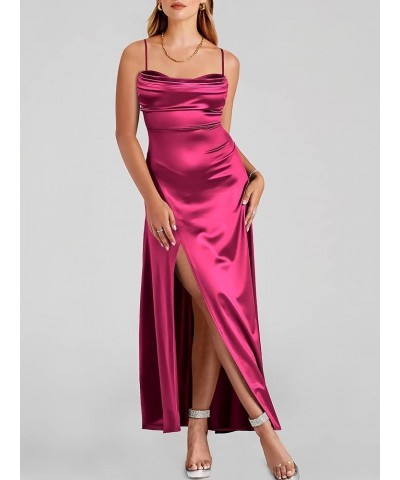 Women Formal Satin Spaghetti Strap Cowl Neck Bodycon Slit Prom Cocktail Maxi Dress Evening Party Fuchsia $31.26 Dresses