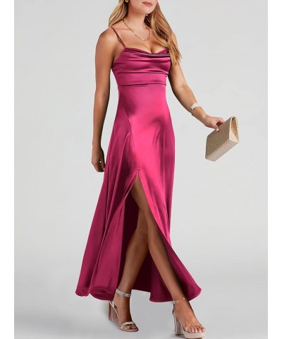 Women Formal Satin Spaghetti Strap Cowl Neck Bodycon Slit Prom Cocktail Maxi Dress Evening Party Fuchsia $31.26 Dresses