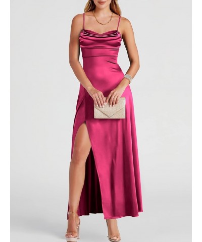 Women Formal Satin Spaghetti Strap Cowl Neck Bodycon Slit Prom Cocktail Maxi Dress Evening Party Fuchsia $31.26 Dresses