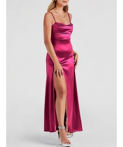 Women Formal Satin Spaghetti Strap Cowl Neck Bodycon Slit Prom Cocktail Maxi Dress Evening Party Fuchsia $31.26 Dresses